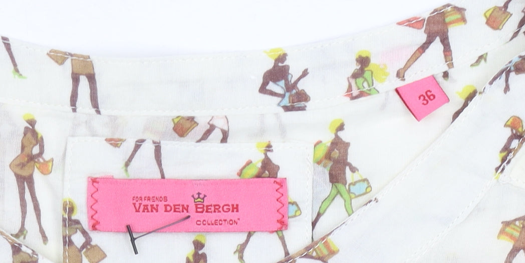 Van Den Bergh Womens Ivory Blouse Size 8 Cotton Retro Print Long Sleeve