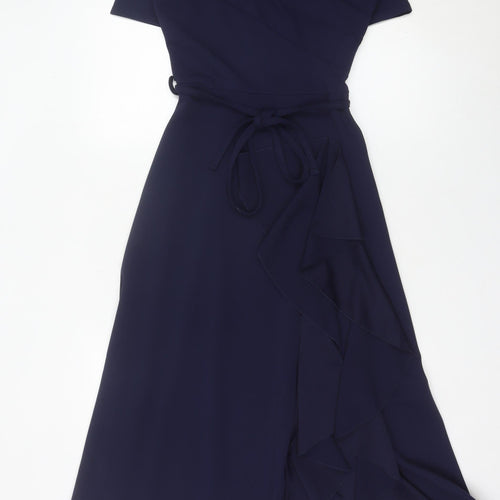 FeverFish Women’s Blue Midi Wrap Dress Size 8 Short Sleeve V-Neck