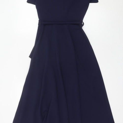 FeverFish Women’s Blue Midi Wrap Dress Size 8 Short Sleeve V-Neck