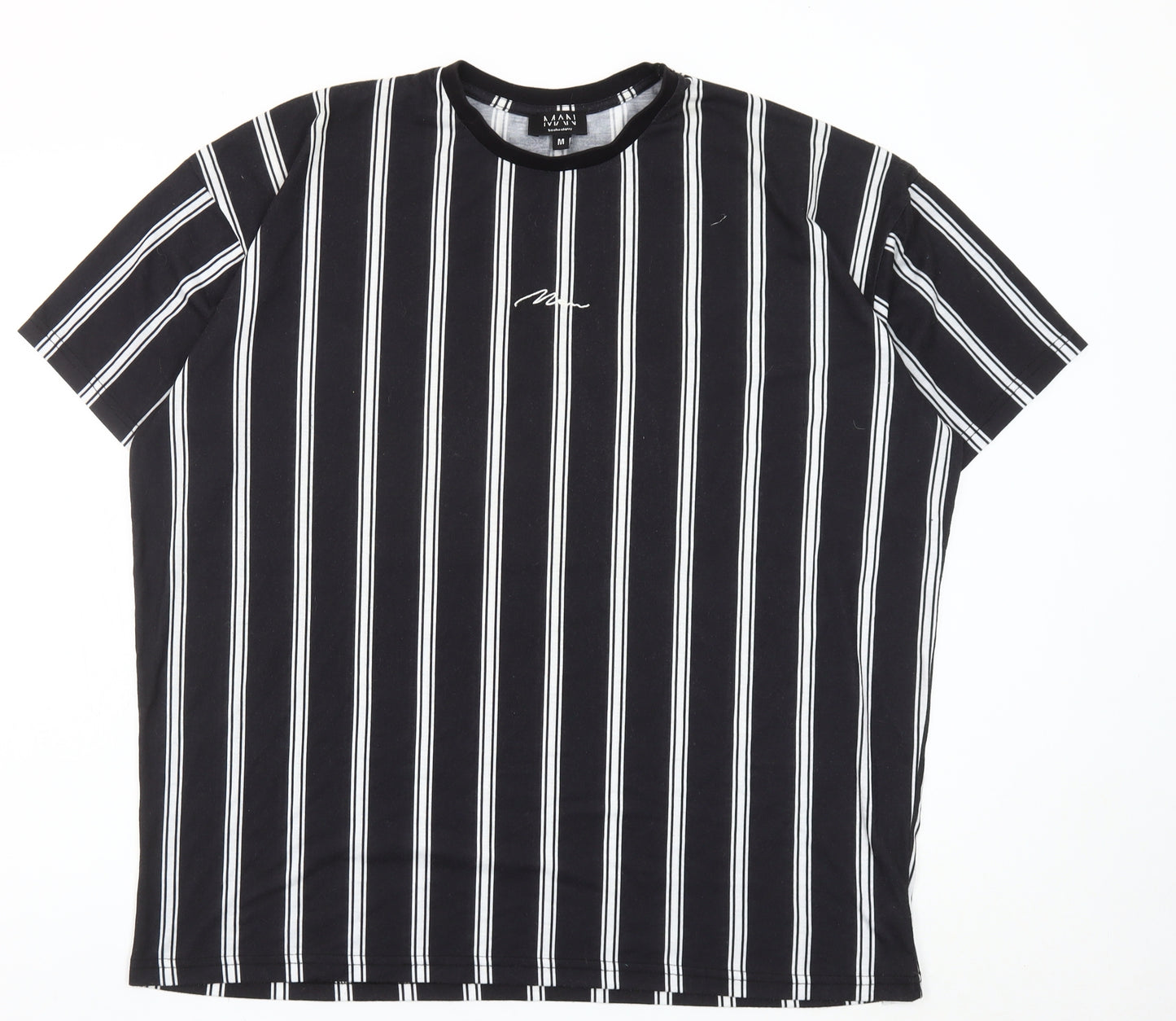 boohooMAN Men's Black Striped Crew Neck T-Shirt Size M