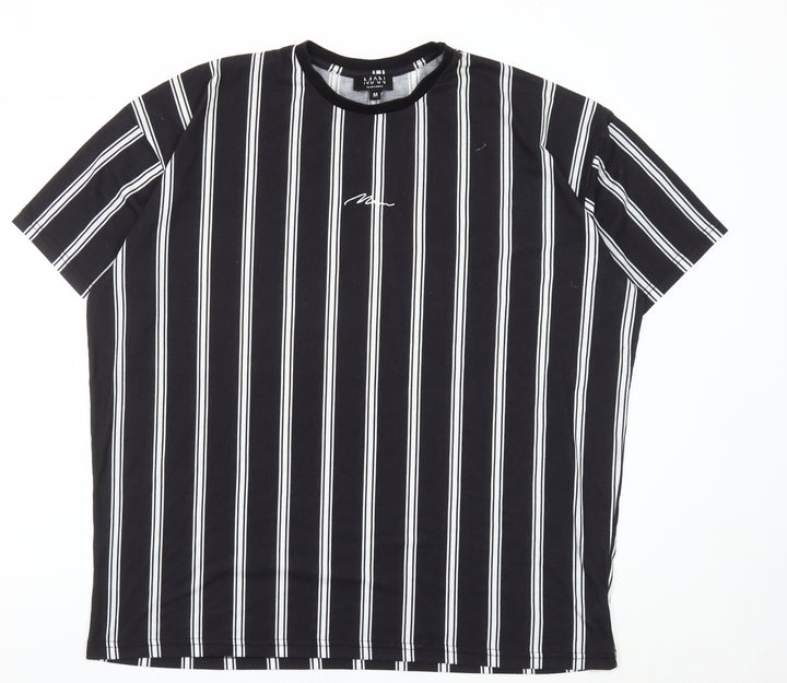 boohooMAN Men's Black Striped Crew Neck T-Shirt Size M
