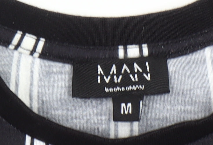 boohooMAN Men's Black Striped Crew Neck T-Shirt Size M