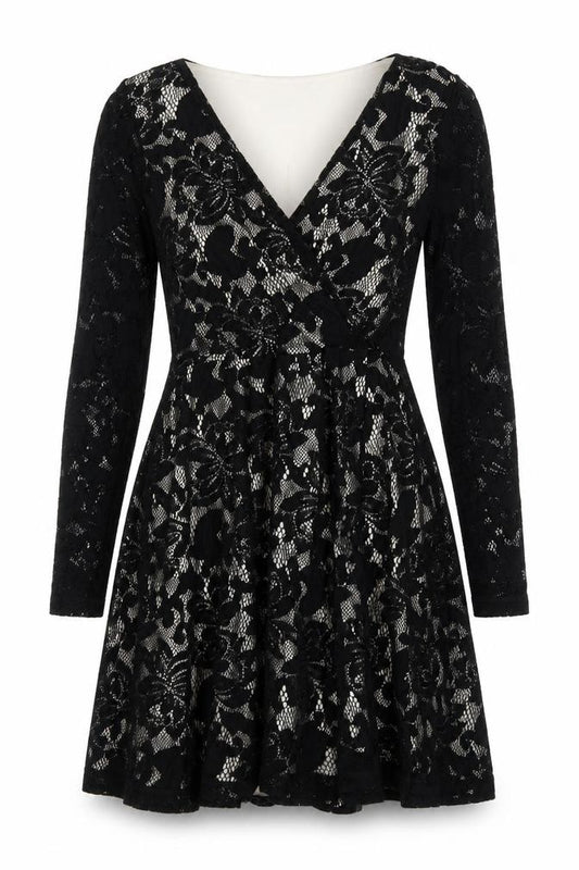 Front view of ASOS Women Black, size 8, Floral Lace Skater Party Cocktail Dress