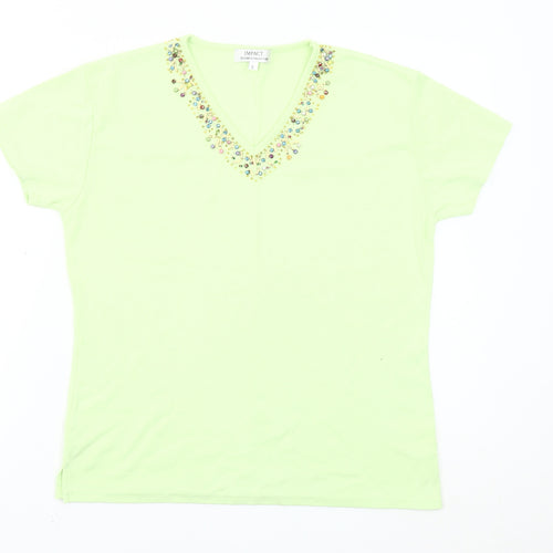 Impact Designer Collection Womens Green Beaded V-Neck Short Sleeve T-Shirt L
