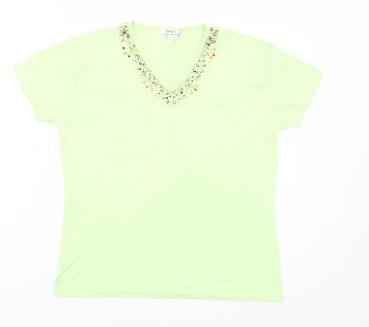 Impact Designer Collection Womens Green Beaded V-Neck Short Sleeve T-Shirt L