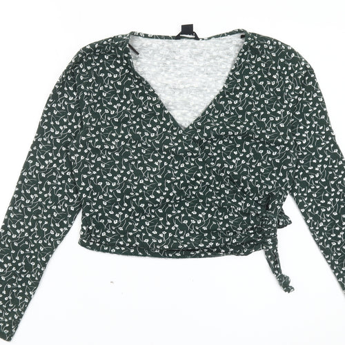 Monki Womens Green Floral Wrap Blouse Long Sleeve Size S