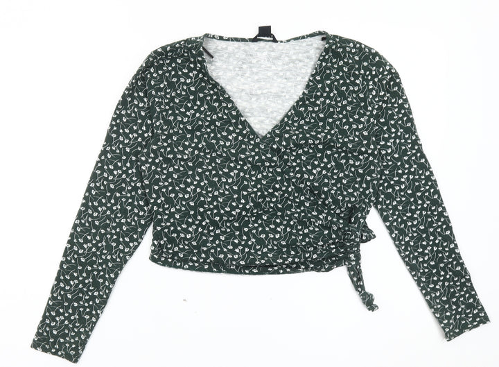 Monki Womens Green Floral Wrap Blouse Long Sleeve Size S