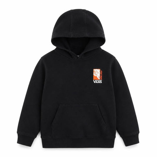 Front view of Vans boys’ black tiger graphic hoodie, size 5 slim, long sleeve pullover