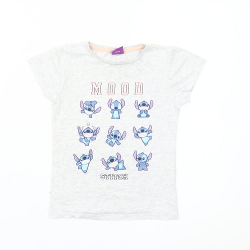 Disney Girls Grey Stitch Graphic T-Shirt 7-8 Years Casual Short Sleeve