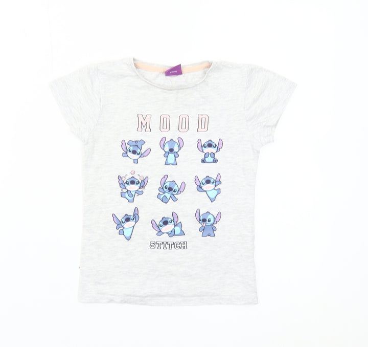 Disney Girls Grey Stitch Graphic T-Shirt 7-8 Years Casual Short Sleeve