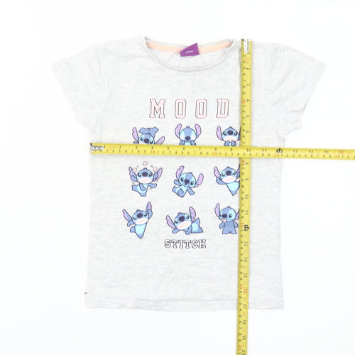 Disney Girls Grey Stitch Graphic T-Shirt 7-8 Years Casual Short Sleeve