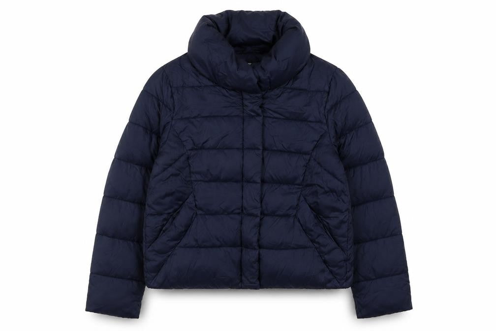 Front view of Rageman Milano Women’s Blue Puffer Jacket, size M, Nylon Winter Coat