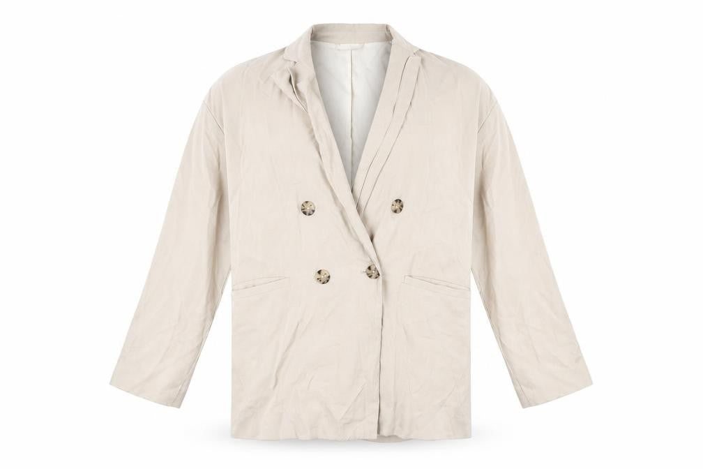 Front view of H&M Men Beige Viscose Blend Blazer Jacket, size S, Smart Casual