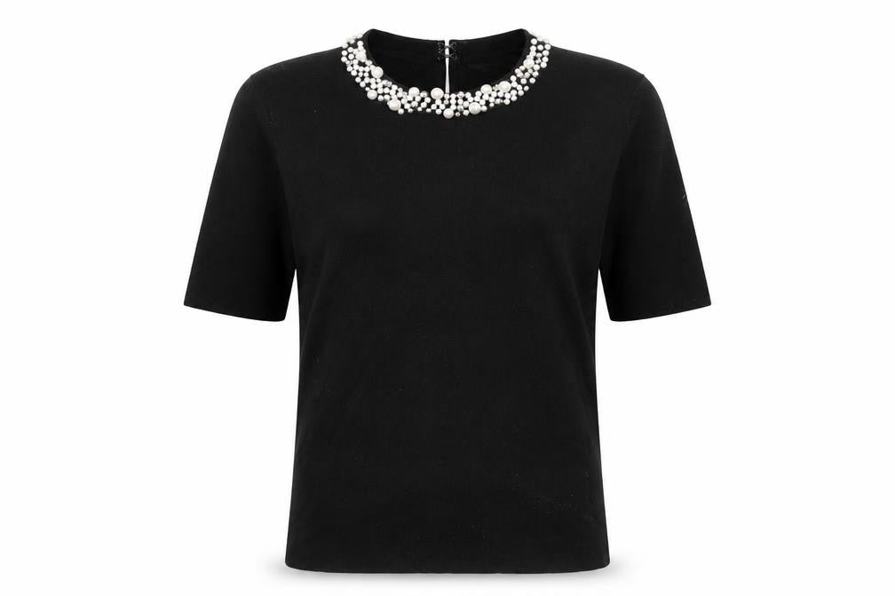 Front view of Apricot women’s black beaded neck short sleeve blouse, size UK 12