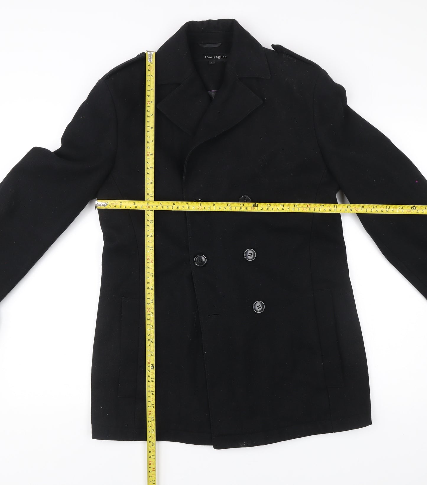 Tom English Men's Black Wool Blend Pea Coat Jacket Size S