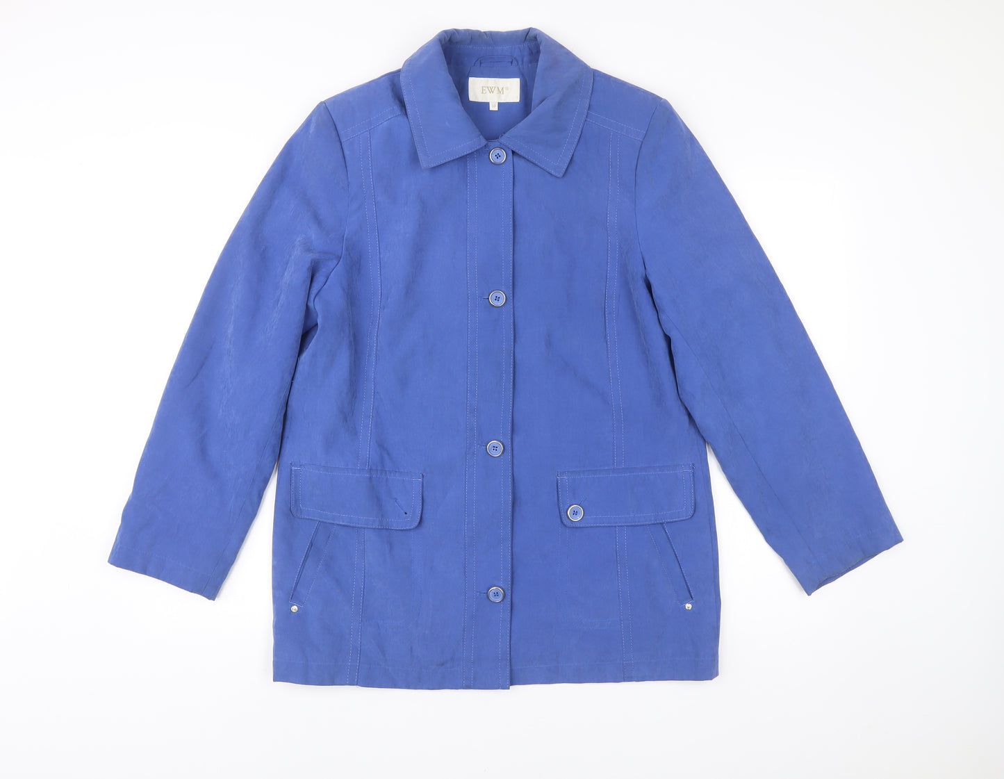 EWM Womens Blue Mid-Length Coat Size 10 Buttoned Pockets Casual