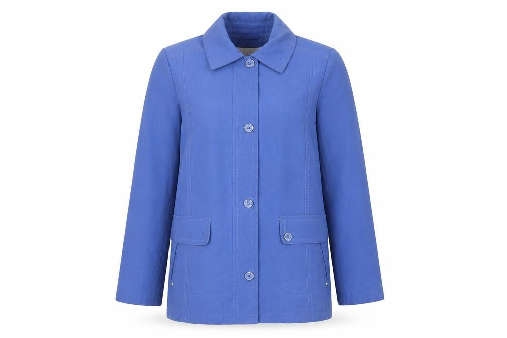 Front view of EWM women’s blue mid-length coat, size UK 10, buttoned pockets casual
