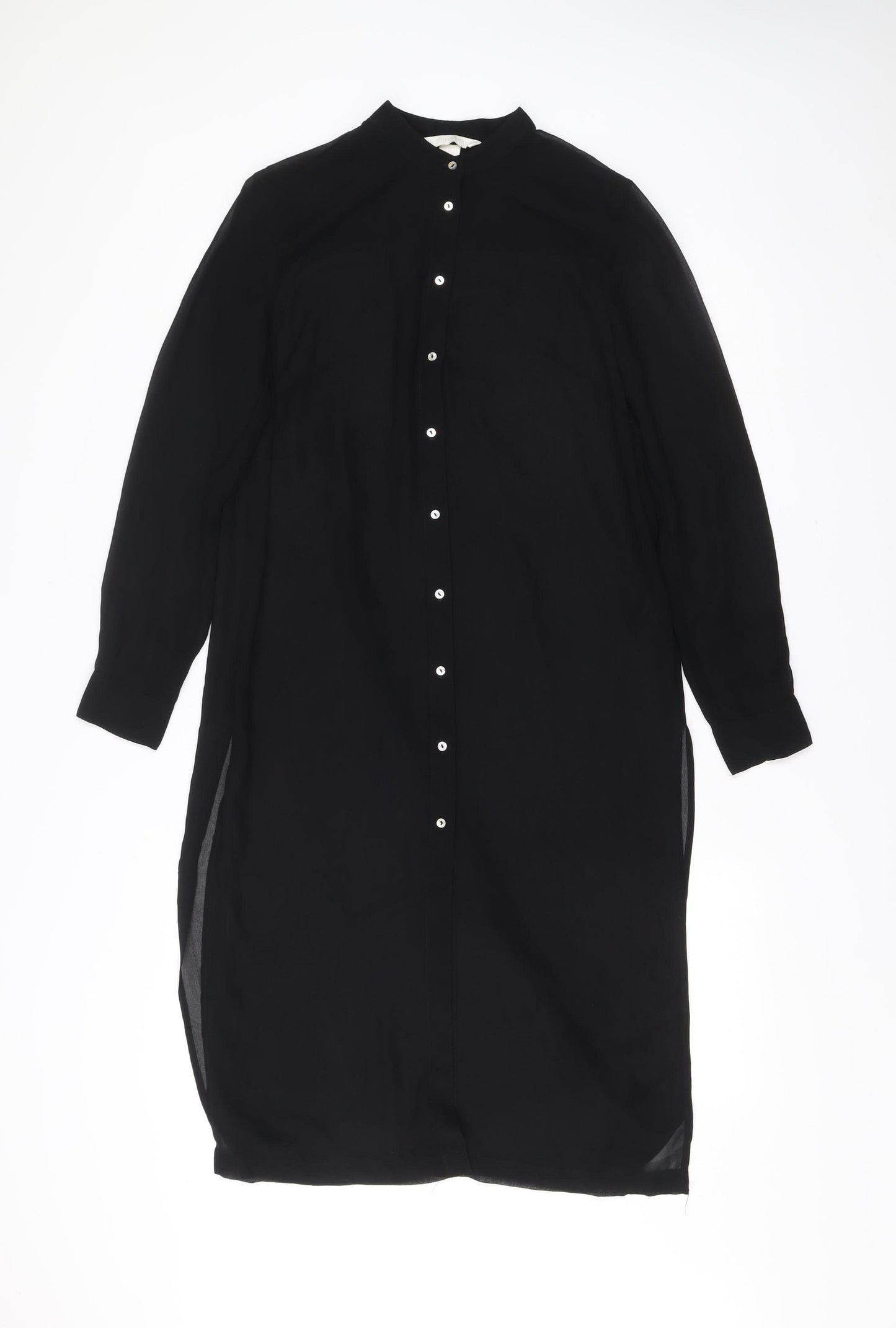 H&M Women Black Size 6 Shirt Dress Collared Long Sleeve Midi
