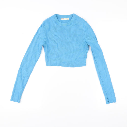 Pull&Bear Womens Blue Cropped Long Sleeve Slim Fit Top Size M