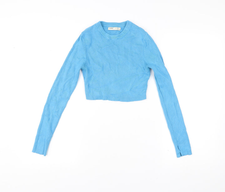Pull&Bear Womens Blue Cropped Long Sleeve Slim Fit Top Size M