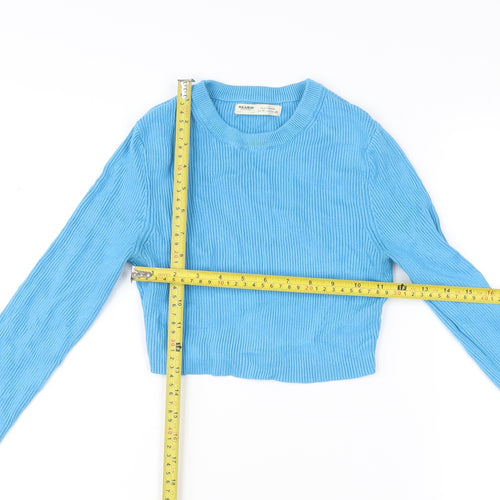 Pull&Bear Womens Blue Cropped Long Sleeve Slim Fit Top Size M