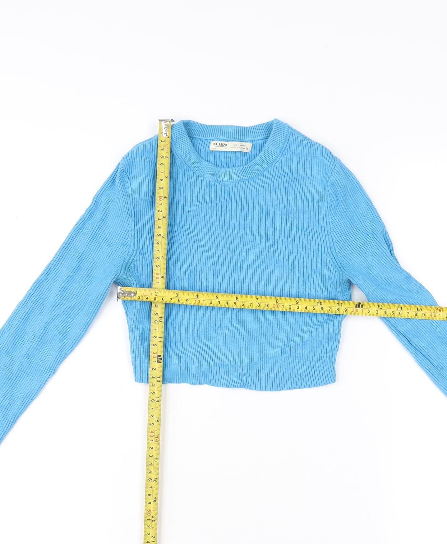 Pull&Bear Womens Blue Cropped Long Sleeve Slim Fit Top Size M