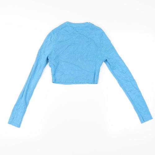 Pull&Bear Womens Blue Cropped Long Sleeve Slim Fit Top Size M