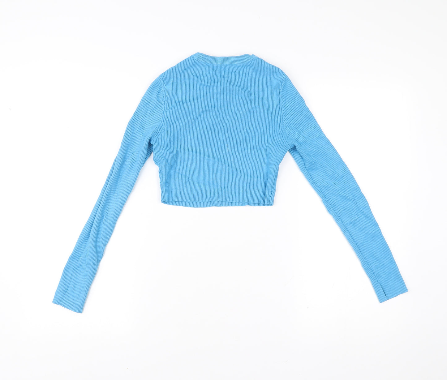 Pull&Bear Womens Blue Cropped Long Sleeve Slim Fit Top Size M