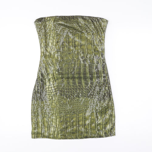 PrettyLittleThing Women Green Animal Print Sequin Strapless Bodycon Dress UK 14
