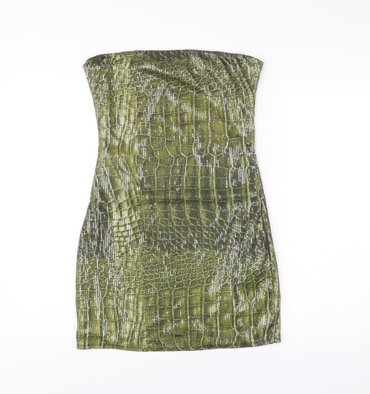 PrettyLittleThing Women Green Animal Print Sequin Strapless Bodycon Dress UK 14