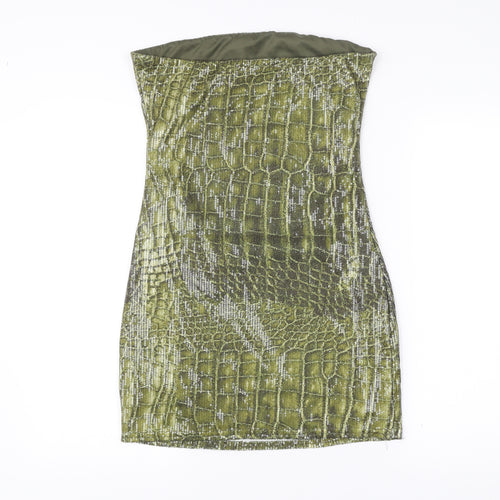 PrettyLittleThing Women Green Animal Print Sequin Strapless Bodycon Dress UK 14