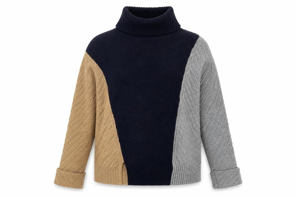 Front view of French Connection women’s l colour block cable knit roll neck jumper