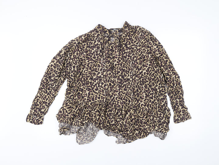 Zara Woman Leopard Print Tunic Blouse Women Size 12 Long Sleeve Ruffle