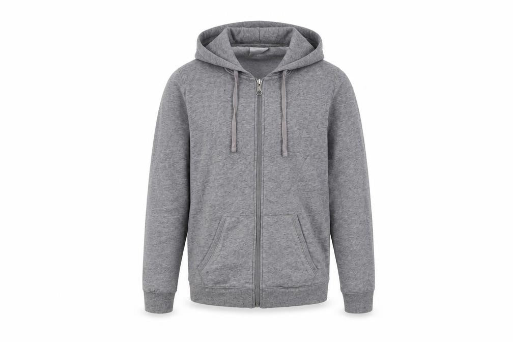 Front view of Decathlon Men’s Grey Full Zip Hoodie, size L, Regular Fit