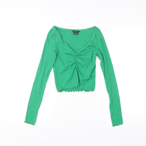 Monki Women’s Green XS Cropped V-Neck Long Sleeve Blouse