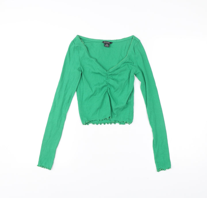 Monki Women’s Green XS Cropped V-Neck Long Sleeve Blouse