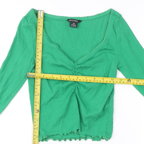 Monki Women’s Green XS Cropped V-Neck Long Sleeve Blouse