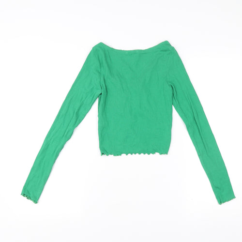 Monki Women’s Green XS Cropped V-Neck Long Sleeve Blouse