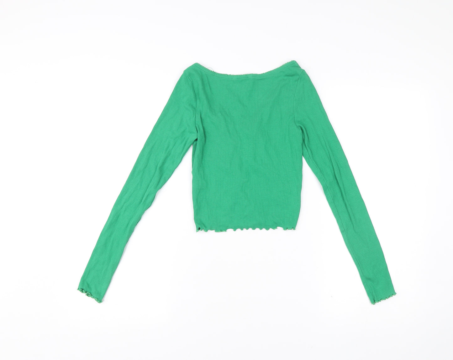 Monki Women’s Green XS Cropped V-Neck Long Sleeve Blouse
