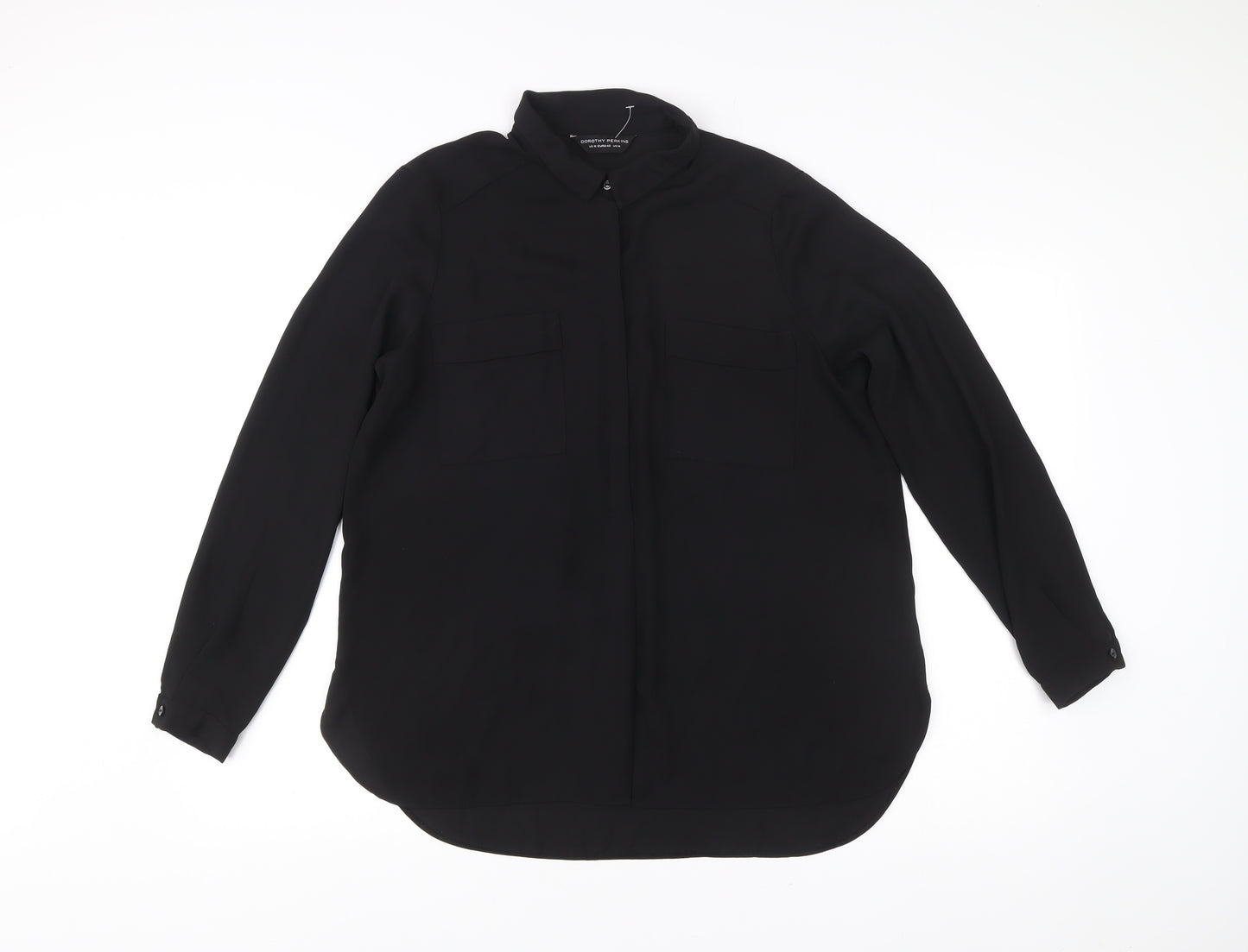 Dorothy Perkins Women Black Size 14 Long Sleeve Collared Blouse