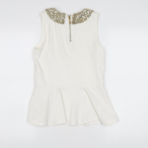 Parisian Womens Ivory Sequin Collar Sleeveless Blouse Size 10