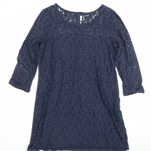 H&M Women’s Blue Lace Shift Dress Size 12 Scoop Neck 3/4 Sleeve