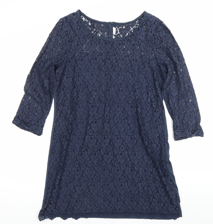 H&M Women’s Blue Lace Shift Dress Size 12 Scoop Neck 3/4 Sleeve