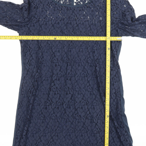 H&M Women’s Blue Lace Shift Dress Size 12 Scoop Neck 3/4 Sleeve