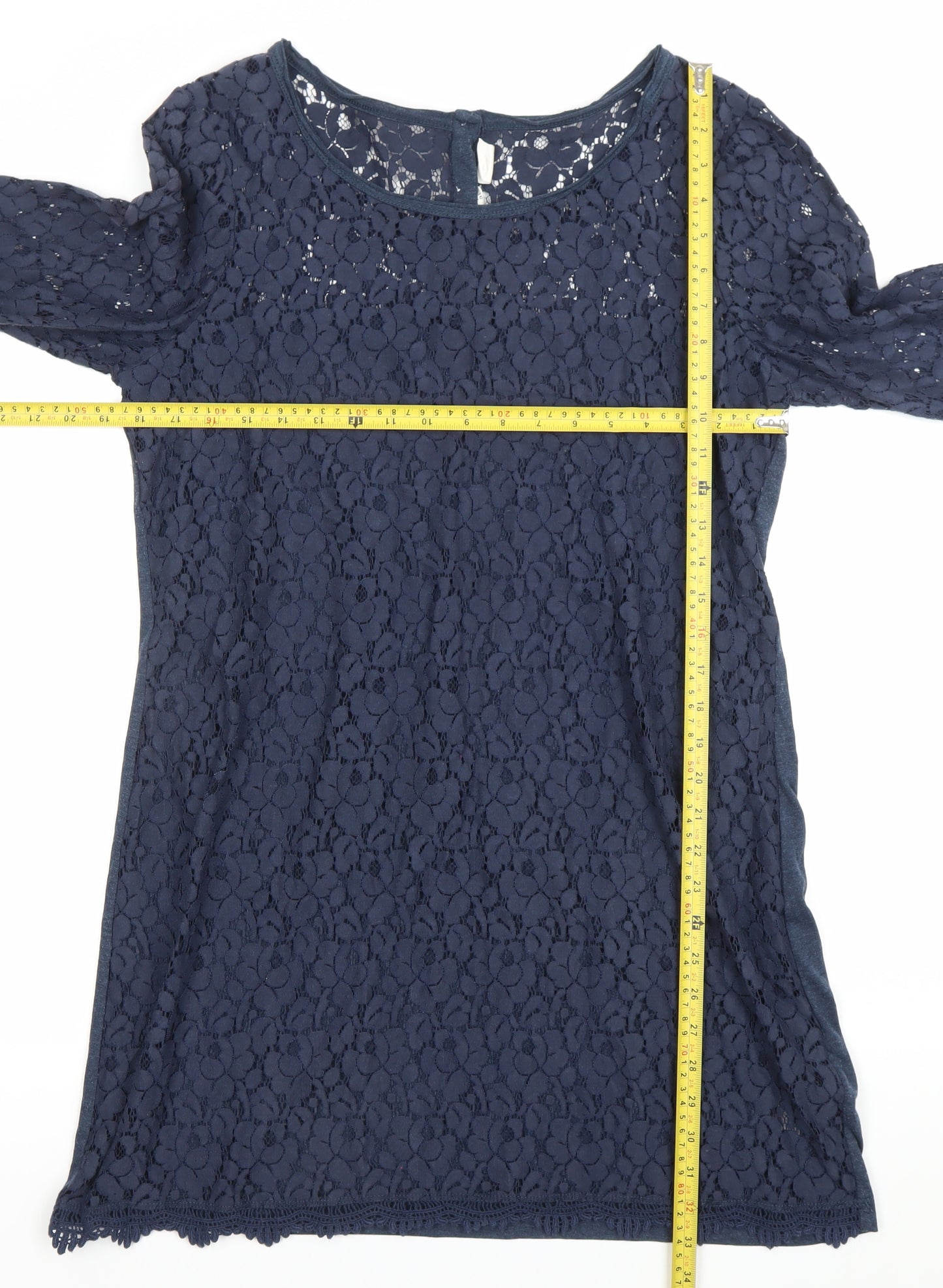 H&M Women’s Blue Lace Shift Dress Size 12 Scoop Neck 3/4 Sleeve