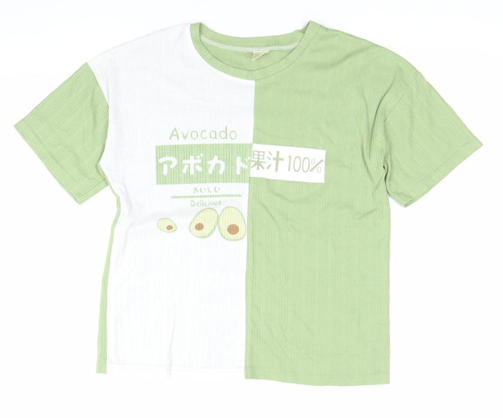 Women’s Green White Avocado Print XL Cotton Short Sleeve T-Shirt