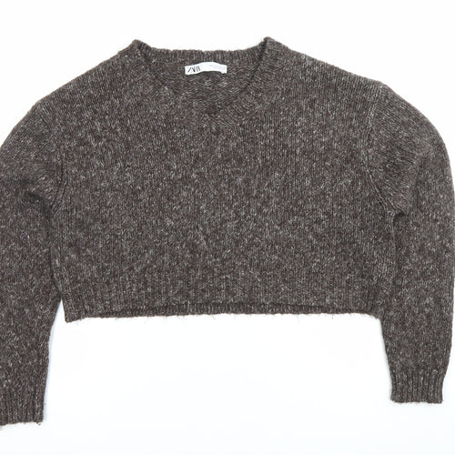 Zara Women’s Brown Chunky Knit V-Neck Jumper Size 8
