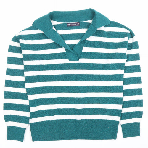 Marks and Spencer Women’s Green Striped Collared Pullover Jumper XS