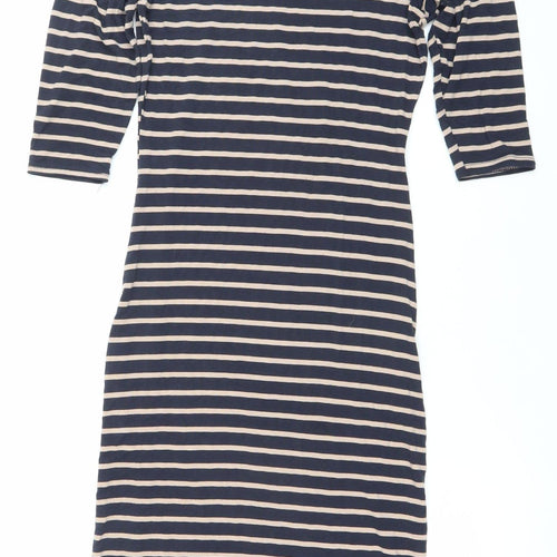 Oasis Women’s Blue Beige Striped Bodycon Dress XS Scoop Neck 3/4 Sleeve
