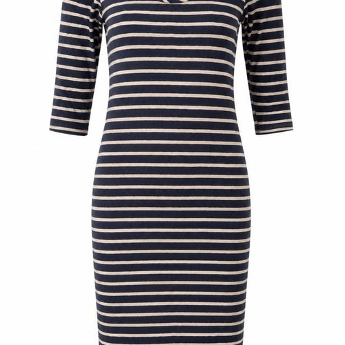 Oasis Women’s Blue Beige Striped Bodycon Dress XS Scoop Neck 3/4 Sleeve